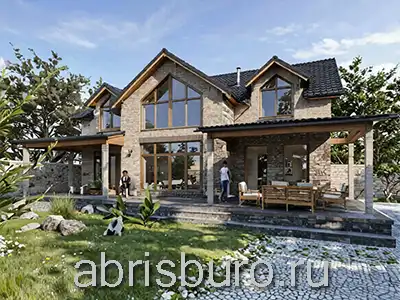 K2151-249 Проект двухэтажного мансардного коттеджа с 4 спальнями, крыльцом и террасой под одной крышей общей площадью 249,39 м2 и габаритными размерами 14,2 х 9,4 м.