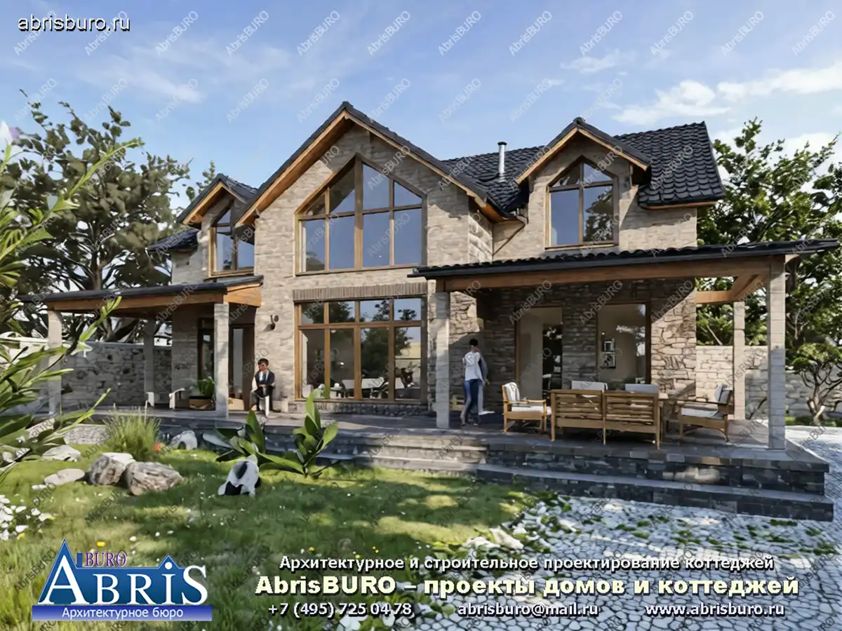 K2151-249 Проект двухэтажного мансардного коттеджа с 4 спальнями, крыльцом и террасой под одной крышей общей площадью 249,39 м2 и габаритными размерами 14,2 х 9,4 м.