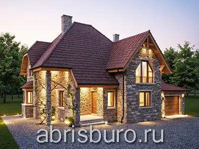 K2152-202 Проект двухэтажного мансардного коттеджа с верандой, кабинетом, 3 спальнями и гаражом общей площадью 201,62 м2 и габаритными размерами 15,57 х 15,13 м.