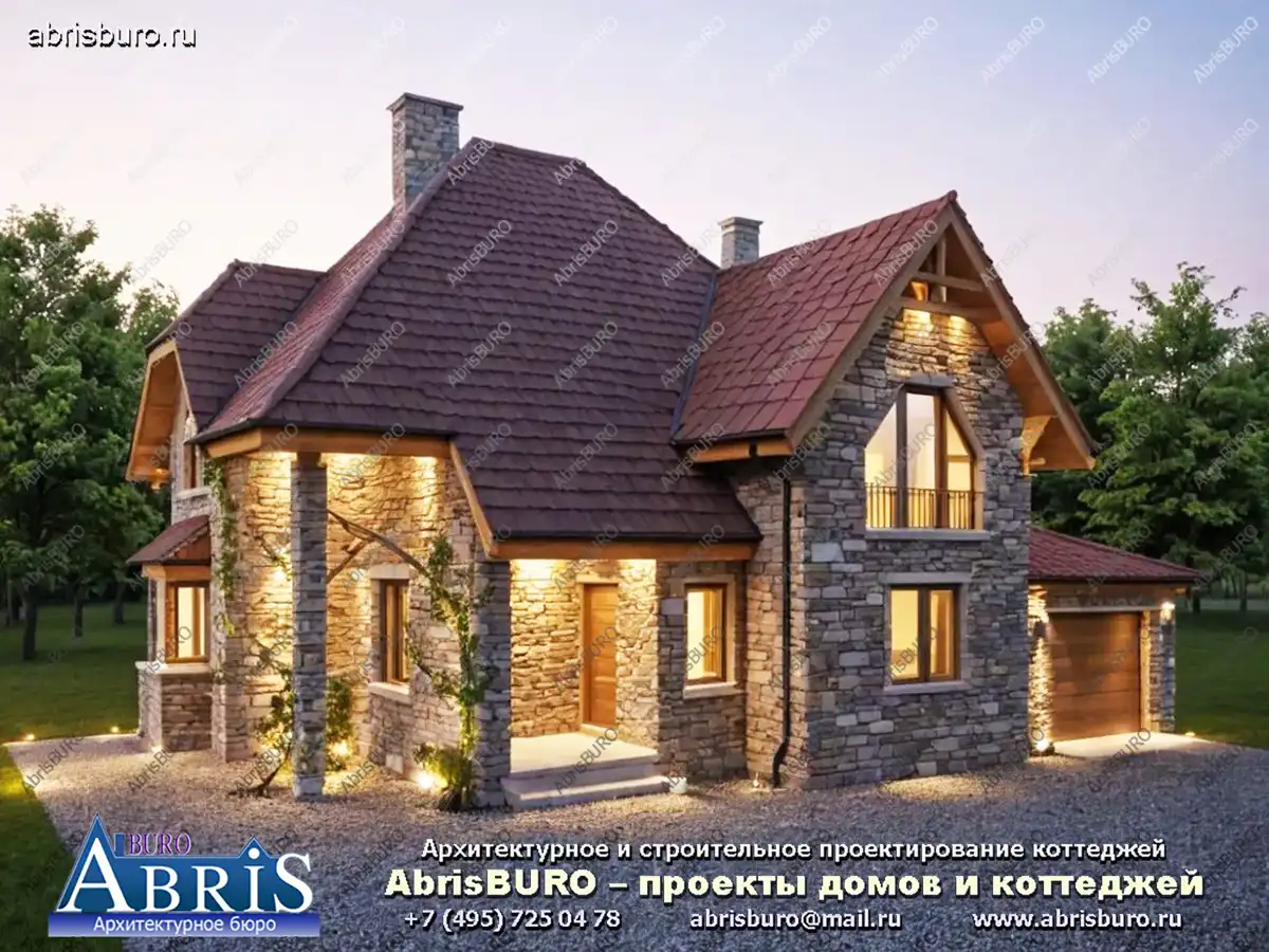 K2152-202 Проект двухэтажного мансардного коттеджа с верандой, кабинетом, 3 спальнями и гаражом общей площадью 201,62 м2 и габаритными размерами 15,57 х 15,13 м.