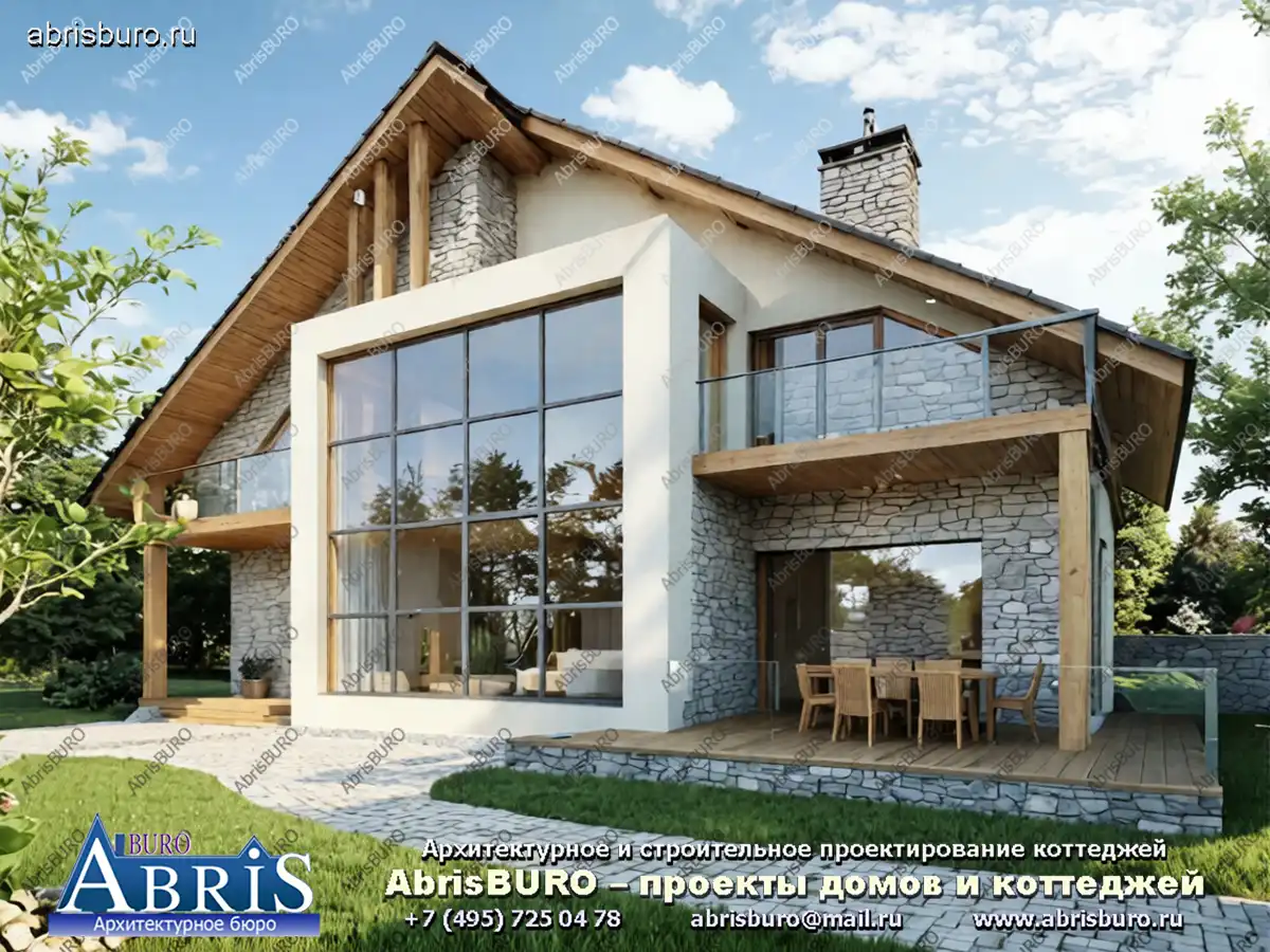 K2153-233 Проект 2-х этажного дома в современном стиле с кабинетом,  3 спальнями, террасой, 2 балконами и гаражом для автомобиля общей площадью 232,8 м2 и габаритными размерами 14,0 х 13,0 м.