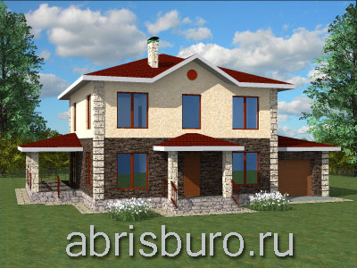 K2159-221 Проект двухэтажного коттеджа с гаражом, террасой, крыльцом, лестницей из гостиной, 5 спальнями и большими окнами общей площадью 221,12 м2 и габаритными размерами 15,4 х 11,0 м.