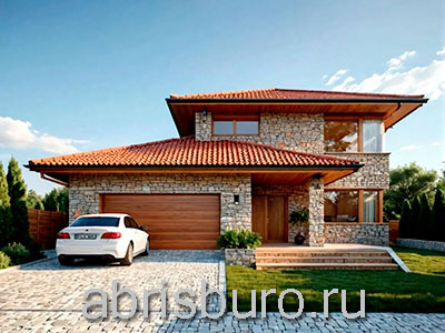 Проект двухэтажного коттеджа K2166-212 с гаражом на две машины и 4 спальнями