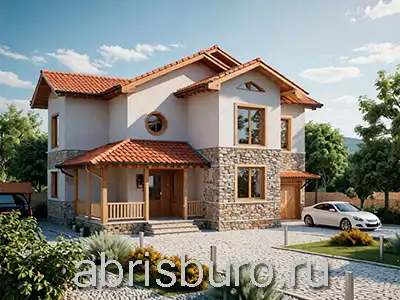 Проект двухэтажного коттеджа K2172-241 с гаражом, террасой и крыльцом