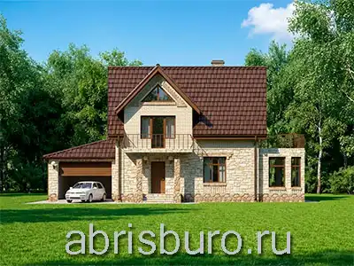 K2176-208 Проект двухэтажного мансардного коттеджа с гаражом, эркером, верандой и балконом