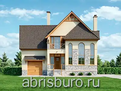 K2177-213 Проект двухэтажного мансардного коттеджа с гаражом, эркером, верандой, балконом и 3 спальнями