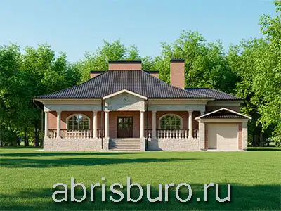 K2181-249 Проект одноэтажного дома с гаражом на две машины, террасой сзади дома, верандой и 3 спальнями