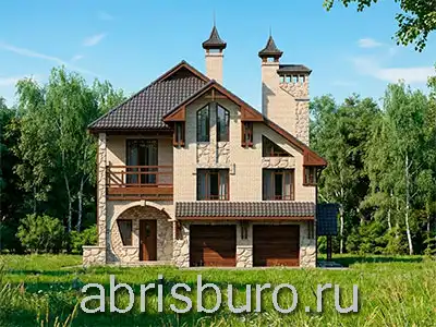 K2183-243 Проект двухэтажного коттеджа с встроенным гаражом на две машины, объединенной кухней-гостиной-столовой, 4 спальнями и балконом