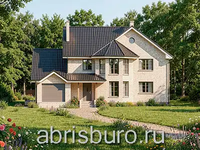 K2188-233 Проект двухэтажного коттеджа с гаражом, эркером, крыльцом и 4 спальнями