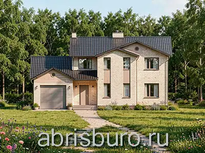 K2189-209 Проект двухэтажного коттеджа с гаражом, двумя крыльцами и 3 спальнями общей площадью S=209,71 м2 и габаритными размерами 14,32 х 12,03 метров от архитектурного бюро ABRISBURO