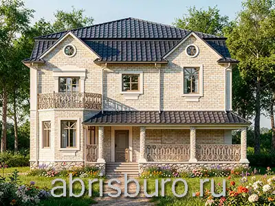 K2190-249 Проект двухэтажного дома с большим крыльцом, спортзалом, бильярдной, гостевой, кабинетом и спальнями