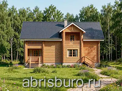 K2197-214 Проект двухэтажного деревянного дома из оцилиндрованного бревна с террасой, лоджией и балконом общей площадью S=214,34 м2 и габаритными размерами 14,28 х 10,755 метров от архитектурного бюро ABRISBURO