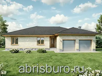 K2590-267 Проект большого одноэтажного коттеджа с террасой и гаражом на два автомобиля из газобетонных блоков