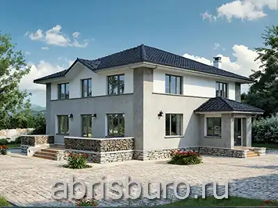 Проект двухэтажного коттеджа K2591-291 с террасой, крыльцом, кабинетом и четырьмя спальнями