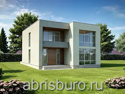 K2593-273 Проект двухэтажного дома с плоской кровлей, панорамными окнами, террасой, балконом и четырьмя спальнями