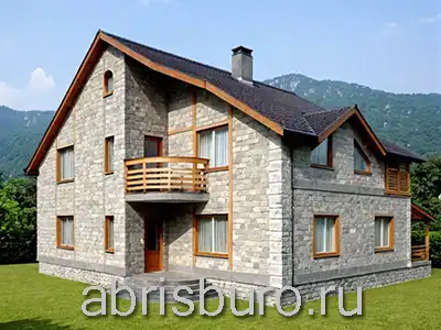 K2594-264 Проект двухэтажного дома из газобетонных блоков с четырьмя спальнями, террасой, двумя балконами и двухскатной (щипцовой) кровлей