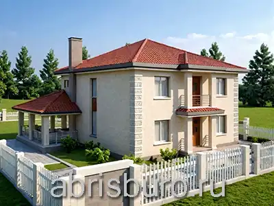 K2595-285 Проект двухэтажного дома из газобетонных блоков с четырьмя спальнями, сауной, зимним садом, террасой, балконом и вальмовой крышей