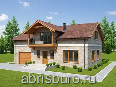 K2596-258 Проект двухэтажного мансардного дома из газобетонных блоков с четырьмя комнатами, террасой, встроенным гаражом и многощипцовой кровлей