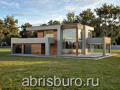 K2598-272 Проект двухэтажного дома в стиле Хай-тек с плоской кровлей, с гаражом на две машины, большими панорамными окнами, двумя террасами, тремя балконами, четырьмя спальнями и кабинетом