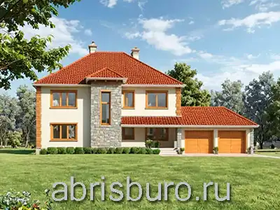 Проект двухэтажного дома K2610-299 с пристроенным гаражом, сауной и 5 спальнями