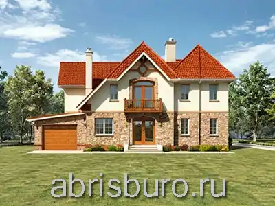 Проект двухэтажного коттеджа K2612-282 с пристроенным гаражом, двумя эркером, балконом, камином, кабинетом и 4 спальнями