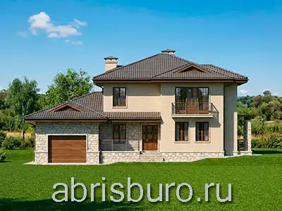 Проект двухэтажного коттеджа K2618-289 с гаражом, террасой, балконом, кабинетом и 4 спальнями