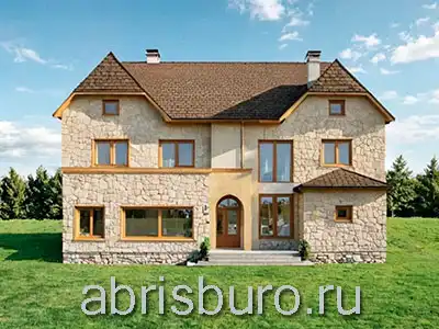 Проект двухэтажного коттеджа K2620-297 с эркерами, камином, сауной, зимним садом и террасами