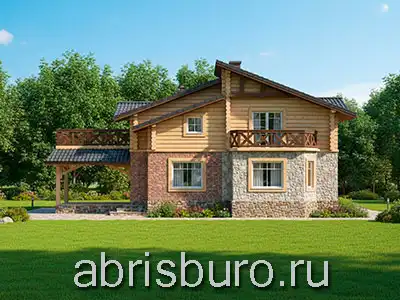 Проект двухэтажного мансардного комбинированного дома K2622-282 с навесом, верандой, эркером, лоджией и камином