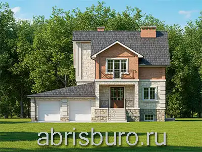 K2628-294 Проект мансардного двухэтажного коттеджа с подвалом, гаражом на две машины, террасой и камином
