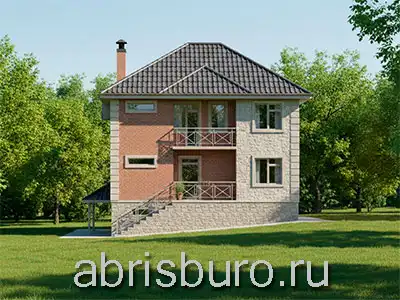 K2632-256 Проект двухэтажного коттеджа с подвалом, верандой, лоджией и 4 спальнями