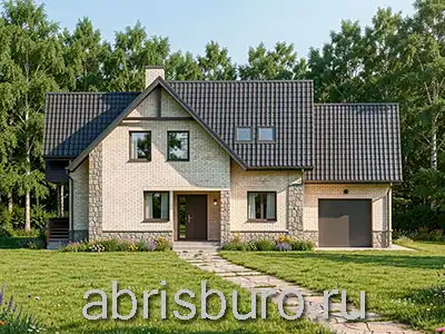 K2640-289 Проект двухэтажного мансардного коттеджа с гаражом, террасой, камином и балконом