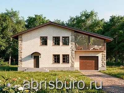 K2643-263: Проект двухэтажного коттеджа с щипцовой крышей, террасой, камином, балконом и гаражом