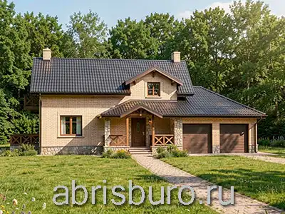 K2647-297: Проект мансардного коттеджа с гаражом на две машины, террасой, камином и двумя балконами