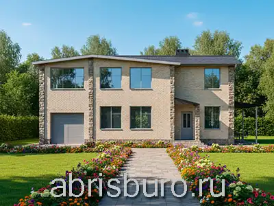 K2655-262: Проект двухэтажного коттеджа с общей комнатой, гаражом и верандой