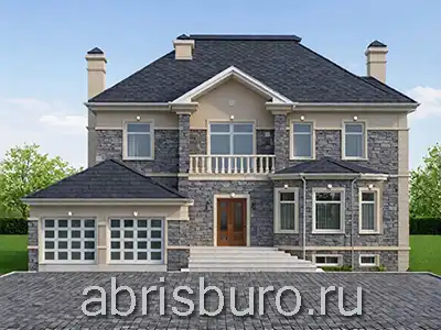 K3098-413 Проект двухэтажного дома в классическом стиле с цокольным этажом, бильярдной, сауной, SPA, террасой, кухней, столовой, гостиной, 3 спальнями, кабинетом и пристроенным гаражом