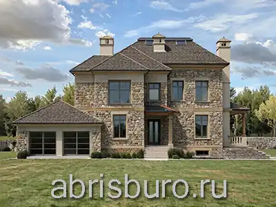 K3099-409 Проект двухэтажного дома в классическом стиле  с цокольным этажом, бильярдной, сауной, тренажерным залом, террасой, 3 спальнями, кабинетом и пристроенным гаражом