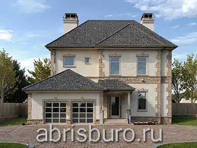 K3105-475 Проект двухэтажного дома в классическом стиле с цокольным этажом, бильярдной, сауной, тренажерным залом, террасой, кухней, столовой, гостиной, 4 спальнями, кабинетом, и пристроенным гаражом на два легковых автомобиля общей площадью 475,0 м2 и габаритными размерами 20,11 х 14,98 метров