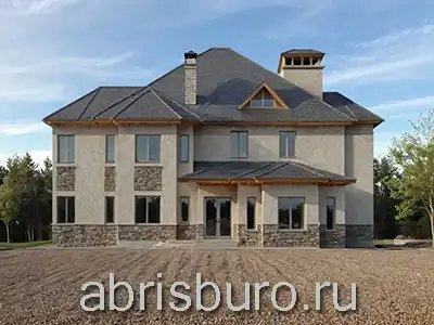 K3109-370 Проект двухэтажного дома в классическом стиле с эркерами, 4 спальнями, кабинетом, сауной и бассейном общей площадью 369,9 м2 и габаритными размерами 22,24 х 17,44 м.