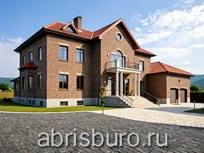 K3112-394 Проект большого двухэтажного кирпичного дома с гаражом на два автомобиля с балконом, террасой, эркером, кухней-столовой, гостиной, гостевой, кабинетом и тремя спальнями