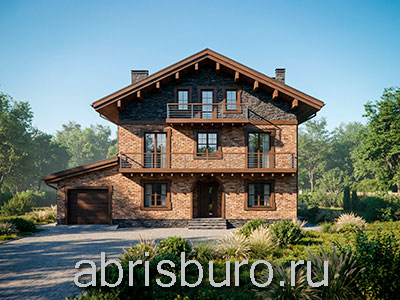 Проект дома K3116-356 в альпийском стиле шале с гаражом, балконами и третьим мансардным этажом