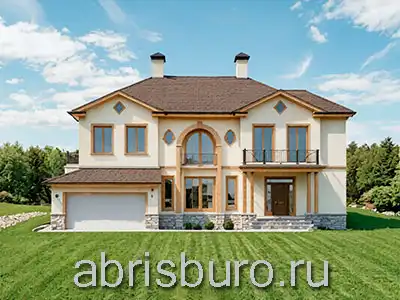 Проект двухэтажного коттеджа K3132-506 с гаражом, оранжереей, крыльцами, гостевой, кабинетом и 4 спальнями