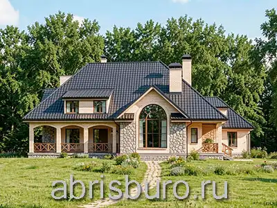 Проект двухэтажного коттеджа в американском стиле K3147-374 с гаражом, террасой и вторым светом